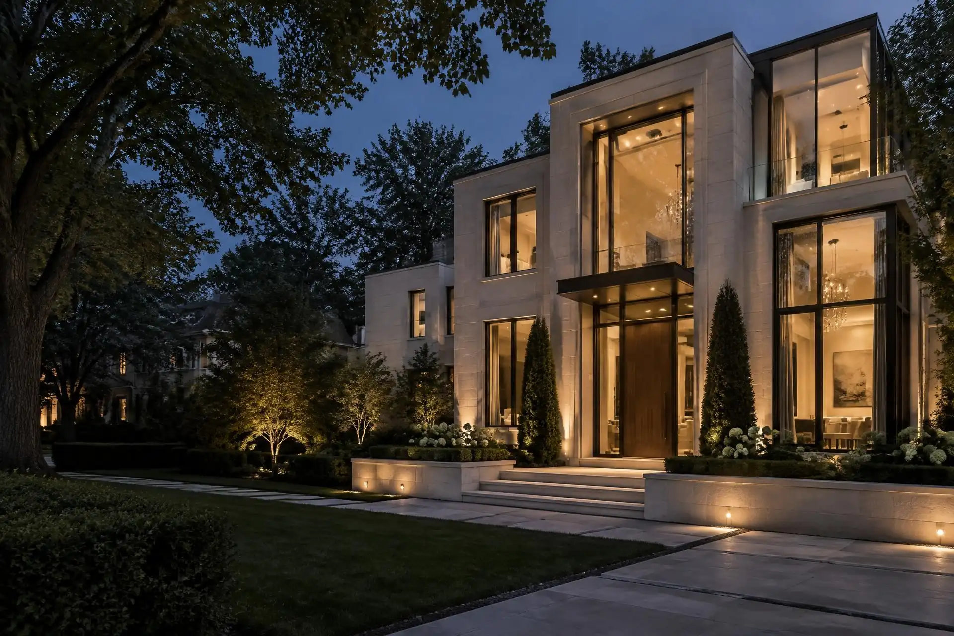 Contemporary luxury home in Toronto with warm interior lighting at dusk